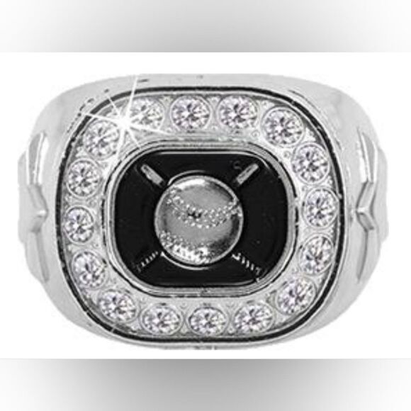 Crown Silver & Black Colored Baseball Star Ring - Picture 1 of 8